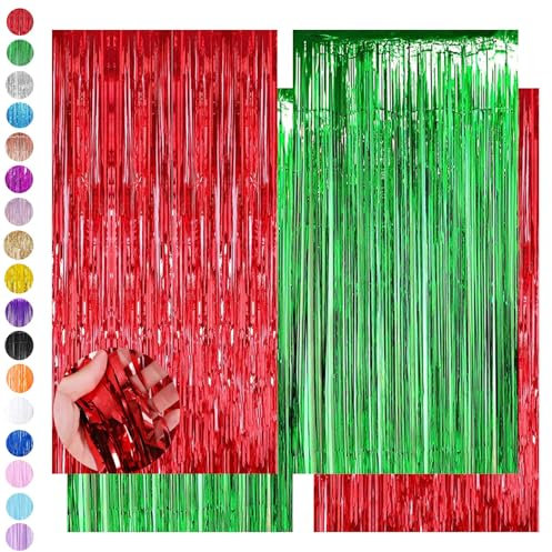 4pcs 3.2ft x 6.5ft Foil Curtain Christmas Decorations,Red Green Tinsel Curtain Party Backdrop,Foil Fringe Streamers Metallic Tinsel Door Hanging Foil Flow Silk Streamers for Christmas Holiday Party