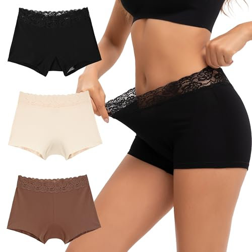 INNERSY Boxer Femme Coton Stretch Shorty Dentelle Sexy Chic Caleçon Short Taille Mi-Haute Lot de 3 (S, Noir/Rose Pâle/Brun)