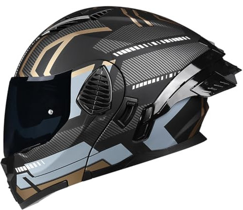Woljay Motorrad Integral Klapphelm mit Doppelvisier integriertes Motorrad für Erwachsene Männer und Frauen Straßenrennen Moped DOT/ECE Zugelassen (Black Gold-Smoke Visor,Large)