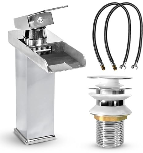 MSC Chrome Waterfall Tap for Bathroom Sink - Mixer Tap With Mono Square Single Lever, Modern Durable Solid Brass Construction and Smooth Water Flow, Silver
