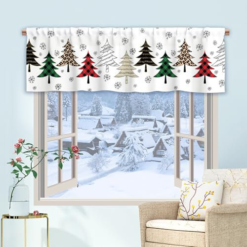 Tokusyou Weihnachten Scheibengardine Gardinen Deko Weihnachtsgardine Weiß Vorhang Der Weihnachtsbaum Schneeflocken Muster Blickdicht Bistrogardinen für Küche Fenster B 145 × H 45 cm