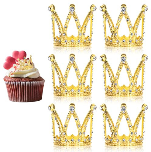 Ouligay 6 Stück Krone für Torte Mini Gold Crown Cake Topper Prinzessin Kleine Krone Tortenaufsatz 4,5 x 3,5 cm Goldene Krone Kuchen Topper mit Strass für Kinder Geburtstag Braut Hochzeit Party