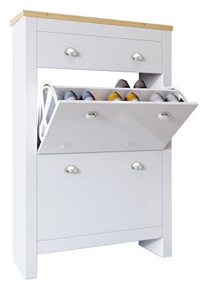 Shoe Storage Cabinet with 2 Flip Drawers & 1 Drawer Narrow Wooden Shoes Rack Cabinet, Freestanding Shoe Organizer Storage for Entryway, Hallway White 78W x 24D x 107H cm