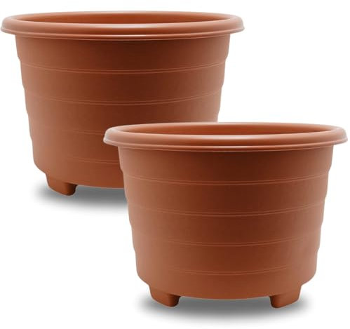 SIDSONS Large Terracotta Planter 39cm - Plastic Plant Pots, Indoor Flower Pot, Outdoor Garden Patio Planters, Marked Drainage Hole, Round Planter With Feet, Herb Plant Container (2, 39cm Terracotta)