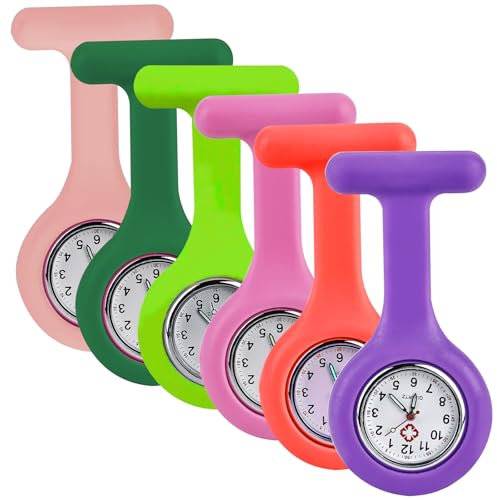 LEKEFETO Lot de 6 montres d'infirmière avec clip : montres d'infirmière 6 couleurs, mouvement à quartz analogique, boîtier en silicone extensible, montre de poche à quartz, montre de poche précise et