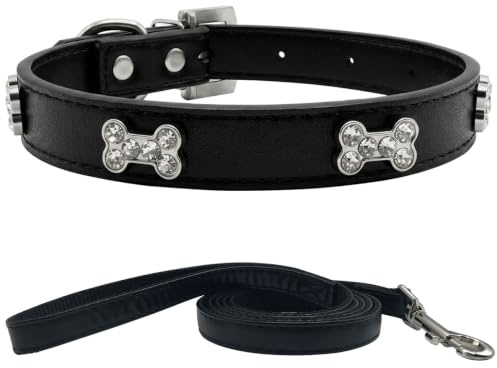 HALFSUMO Halsband und Leine Set Hundehalsband Leder Hundehalsbänder Verstellbares Welpenhalsband für Kleine Mittelgroße Hunde Schwarz XS
