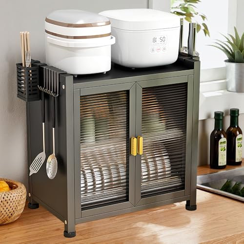 LONENESSL Kitchen Countertop Dish Storage Cabinet with Drawers, Multifunctional Bowls Drying Rack Cabinet, Dish Cabinet with Clear Door, Counter Cups Strainer Holder, Blacck (second layer)
