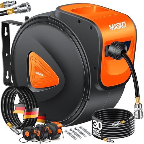 MASKO® Automatik Druckluftschlauch Aufroller 30m – Schlauchtrommel mit 1/4 Anschluss, Schlauchaufroller, Wandhalterung, Tragegriff, 180° schwenkbar, Schlauchbremse, vormontiert & sofort einsatzbereit