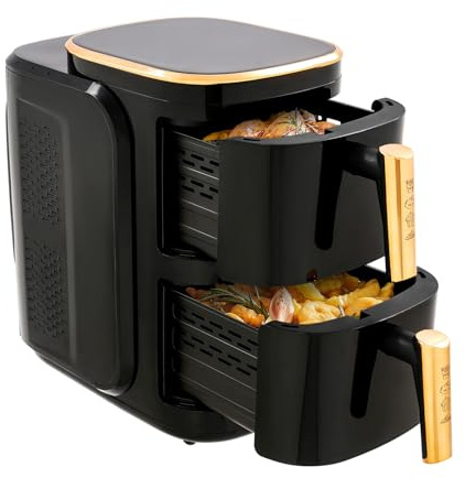 Friggitrice ad aria calda 2 camere, 2400 W Airfryer 6L + 6L doppio cestello, 60 °C – 200 °C, 11 funzioni di cottura, timer da 60 minuti, nero