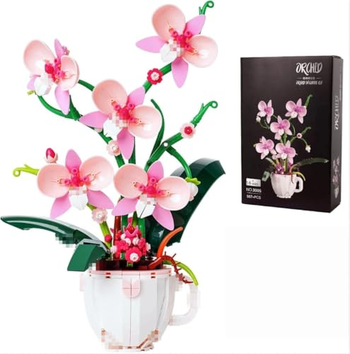 Yozelux Orchidee Blumenstrauß Bausteine Bausatz, Orchideen künstliche Pflanzen Bauklötze mit Kaffeetasse, kreativer Botanical Kollektion Baustein Set Geschenk für Erwachsene und Mädchen ab 16+ (Rosa)