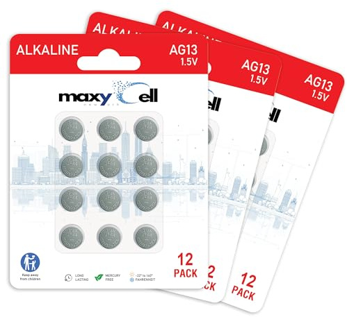 MaxyCell AG13 LR44 Alkaline Button Coin Cell Battery 1.5V Long-Lasting Reliable Power for Watches, Hearing Aids, Calculators, LED Lights, Leak-Proof Design, Long Life CR44 SR44 303 357 675 (36 Pack)