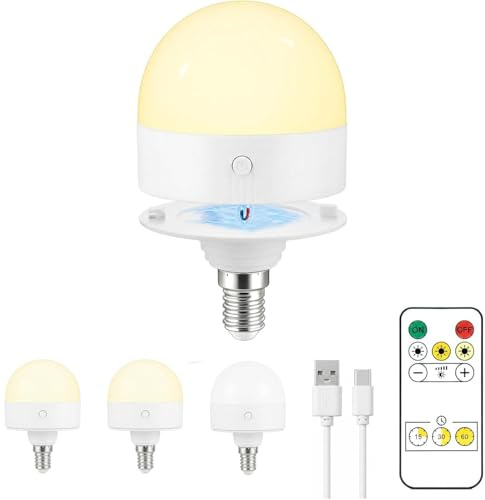 ingoodtle USB Rechargeable Light Bulb,E14 Dimmable Bulbs with Magnetic Base | 3 Color 5W Battery Powered Light Bulbs with Timer and Remote Control for Non-Hardwired Lamps Wall Sconces Bedroom 1 Pack
