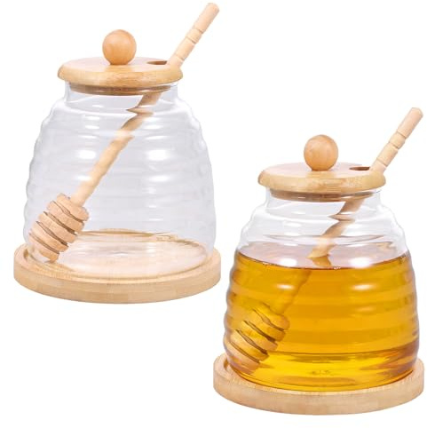Zhjiutak 2 Pcs Honey Jar with Wooden Dipper and Lid, Glass Honey Pot with Dispenser Glass Container Wide Mouth Syrup Container for Home Kitchen(style 2)