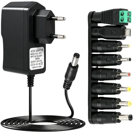 5V 3A Alimentation Chargeur 5,5 * 2,1mm avec 8 Connecteurs pour Bandes LED | Transformateur Universel AC/DC pour Bandes LED Routeurs Caméra CCTV Tablette Scanner TV Box Digicode, AC 230V vers DC 3000mA