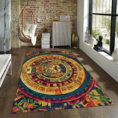 BYLEEHOMED Waschmaschinenwaschbare Teppiche Wohnzimmer Südwestliche Azteken-teppiche Maya-Kalender Aztekischer Kalender bedruckter Flacher Innenbodenteppich für das Esszimmer 180x240cm