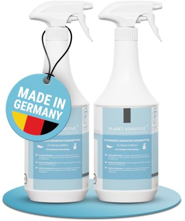 Planet Sensitive® - 2x1L alkoholfreies Desinfektionsmittel für Flächen, Oberflächen & Hände | Wirksam gegen Bakterien, Viren, Pilze, Sporen, Schimmel & entfernt Gerüche | Basisch | Sprühflasche