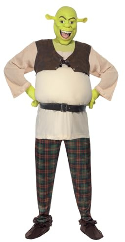 Smiffys Shrek Adult Costume in Green, Top, Trousers, Hands & Mask, Official Shrek License Outfit with Padded Stomach & Latex Mask & Gloves, Transform into the Beloved Ogre!