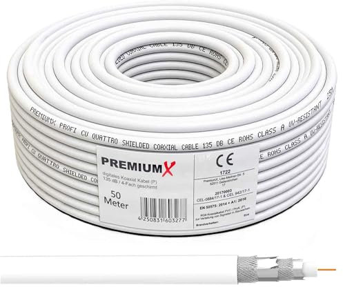 Premium X 50m PROFI Koaxialkabel KUPFER 135dB 4-fach SAT Antennenkabel Koax-Kabel DVB-S / S2 DVB-C DVB-T BK Anlagen Satellitenkabel
