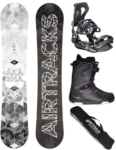 Airtracks Herren Snowboard Set Akasha Hybrid Rocker Wide + Bindung + Boots | Komplettset: Akasha Hybrid Rocker Board, Bindung Master, Boots und Snowboard Bag – All Mountain, Freestyle, Freeride