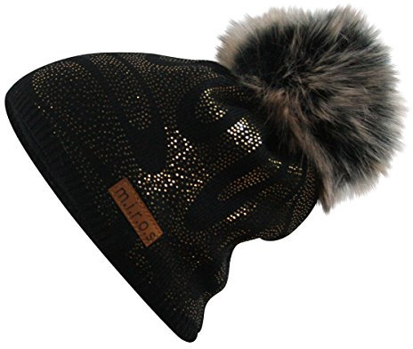 Linette Damen Wintermütze Schwarz mit goldenem Druck | handgemachte Mütze