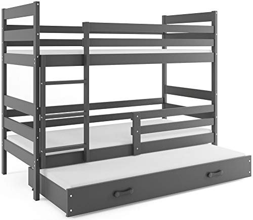 Interbeds Etagenbett Eryk 3 (für DREI Kinder) 200x90cm Farbe: GRAU mit Lattenroste und Matratzen (grau + graue Schublade)