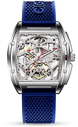 CIGA Design Reloj Automático para Hombre - Z Series Relojes Mecánicos de Pulsera Tipo Esqueleto y Estilo Tonneau, Cristal de Zafiro, Correa de Silicona(Azul)