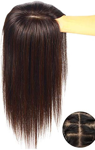 Echthaar-Topper für Frauen – 14 x 14 cm große Seiden-Basis-Topper, Verschluss mit Clip in Top-Haarteilen für dünner werdendes Haar (35,6 cm, dunkelbraun)