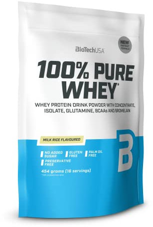 BioTechUSA 100% Pure Whey | Poudre de protéines avec BCAA et Glutamine | Sans gluten, sans huile de palme | 21g de protéines par portion, 454 g, Riz au lait