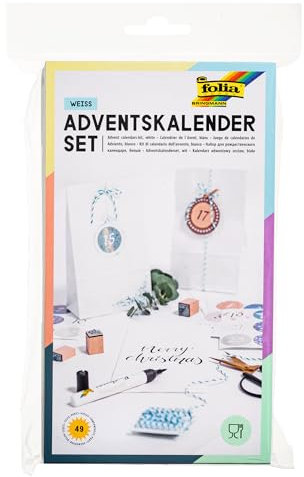 folia 9401 - Adventskalender-Set mit 24 lebensmittelechten Papiertüten in weiß, Kordel und Zahlensticker