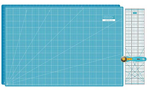 SEMPLIX Schneidematten Set - Schneideunterlage 90 x 60 cm (A1), Rollschneider Maxi 45 mm, Patchwork Lineal 60x15 cm (türkis/Petrol)