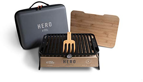 Fire & Flavor Hero Grill System - Ultra-Portable Grill for Camping, Tailgating, and BBQ on the Go - Tabletop Charcoal Grill Set Comes with Spatula, Thermometer, and Cutting Board