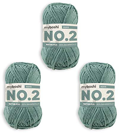 myboshi No.2 Baumwolle zum Häkeln, Baby Wolle, vegane Wolle zum Stricken, 60 Grad waschbar, für Baby und Amigurumi, 50g, Ll 100m Grün (Agave) 3 Knäuel