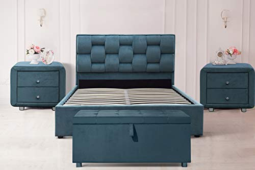 Comfy Living 5ft King Size Plush Velvet Weaved Headboard Storage Ottoman Duck Egg Blue Bedframe Bedsides Blanket Box (A Blanket Box, Harper Mattress)