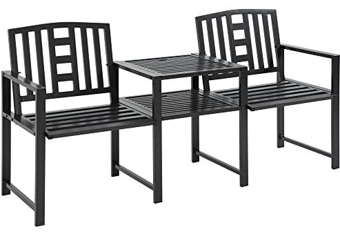 Outsunny Moderne Gartenbank 2 Sitze mit Beistelltisch und Schirmloch Gartenmöbel 165x56x85,5cm Schwarz