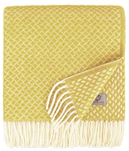 Linen & Cotton Warme Weiche Decke Wolldecke Wohndecke Kuscheldecke Sofia mit Fransen - 100% Reine Neuseeland Wolle, Gelb (130 x 170 cm) Plaid Couch Sofa Bett Wohnzimmer Blanket Schurwolle Lammwolle