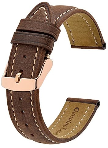 BISONSTRAP Vintage Uhrenarmbänder mit Roségold Schnalle, Leder Ersatzband 14mm (Braun/Beige Faden)