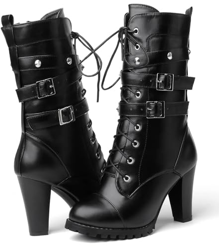 Susanny Mid Calf Goth Boots for Women Harley Boots Black Steampunk Shoes Low Block Heeled Combat Boots Gothic High Heel Lace up Motorcycle Boots 8.5