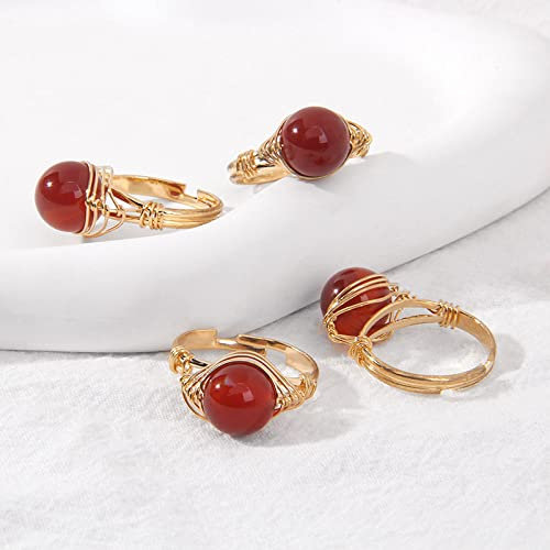 HGJH Anelli da Donna, Anello d'oro con Agata Rossa Rotonda con Perline Naturali, Filo di Seta Avvolgente, Apertura Regolabile, Girevole, Regalo per Feste di Matrimonio