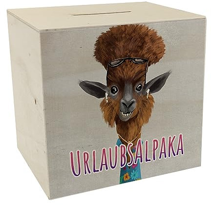 Spardose aus Holz mit lustigem Tier und Text für Urlauber - Urlaubsalpaka witziges Alpaka Geschenk für Menschen die viel in den Urlaub Fahren und vielleicht sogar auf eine Safari