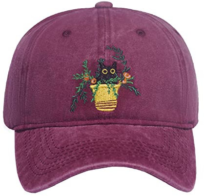 GNAHZNUXNAIX Grüner Papa Hut Männer Frauen bestickte Baseballkappe niedriges Profil Vatertag Snapback Mütze Vintage verstellbar gewaschen Unisex, Katze in gelbem Blumentopf, Violett, Einheitsgröße