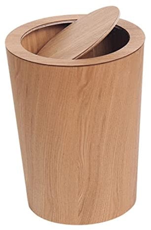 SMELEYOU Wooden Waste Bin with Swing Lid Round Trash Can Kitchen Garbage Basket for Hotel.