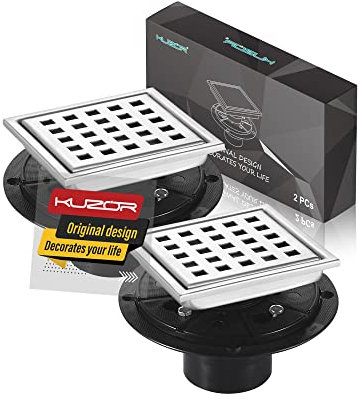 KUZOR 2 Stück Quadratischer Duschablauf, Bodenablauf-Set für Fliesen 10,2 cm mit Flansch, gebürsteter 304 Edelstahl, Quadrato-Muster, abnehmbares Haarsieb, schnelle Entwässerung