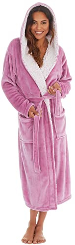 KATE MORGAN Ladies Dressing Gown Fluffy Super Soft Hooded Bathrobe for Women Plush Fleece Perfect Loungewear Long Robe | Gifts for Women S Pink