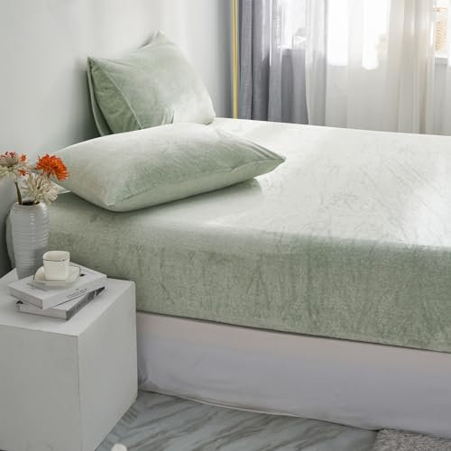 Flanell Warme Spannbettlaken 180x200cm Plüsch Kuschelige Hellgrün Grün Boxspringbett Winter Bettlaken Leintuch Samt Spannleintuch 180 x 200 Uni Bettspanntuch für Hohe Matratze Hoher Steg bis 25-30 cm