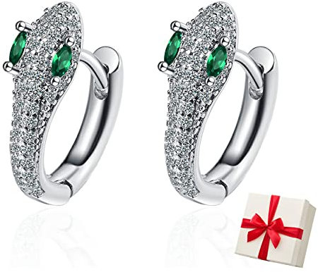 JUZICHEN 925 Sterling Silber Schlange Huggie, 925 Silber Schlangenohrringe, Schlangen Ohrringe mit grüne Zirkonia, 14K Gold Ohrringe Damen Mädchen Frauen
