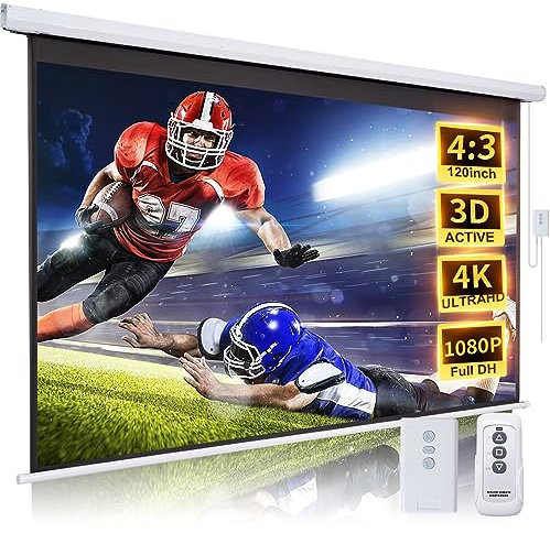 Projector Screen Motorized 120 Inch 4:3 HD Electric Projector Screen Pull Down with Remote, Automatic Projector Screens Wall Ceiling Mount Movie Screens for Projectors Outdoor Indoor, White