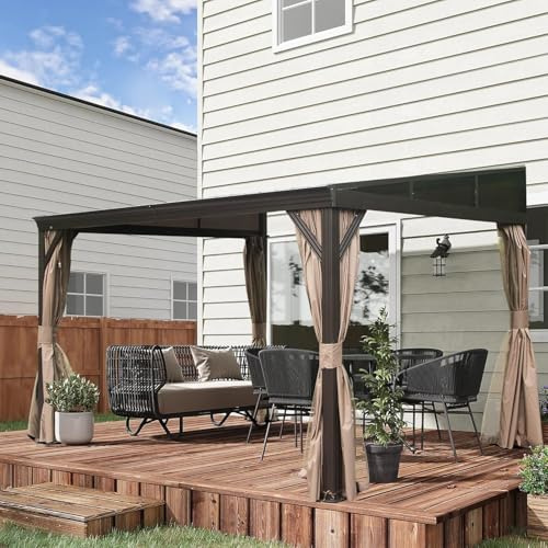 Domi Wandmontierter Pavillon, 3 x 3,6 m, Hardtop-Terrassenüberdachung mit abgeschrägtem verzinktem Stahldach, Aluminiumrahmen, Vorhängen und Netz, für Terrasse, Garten und Hinterhof, Braun