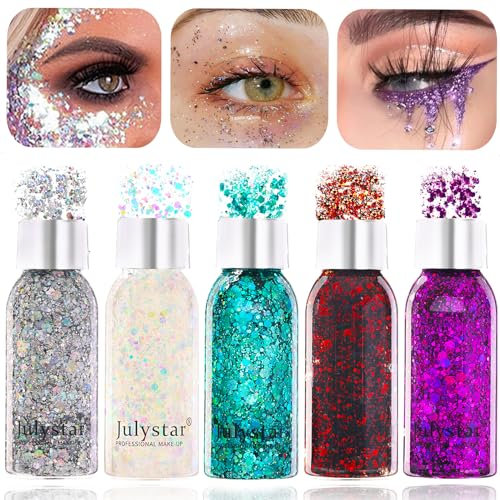 5 Stück Body Glitter Gel, Glitter Gel Gesicht, Festival Glitzer Gesicht, Mermaid Sequins Chunky Glitter Liquid Gel, Glitzer Schminke für Masquerade Weihnachten Festival Partydekoration