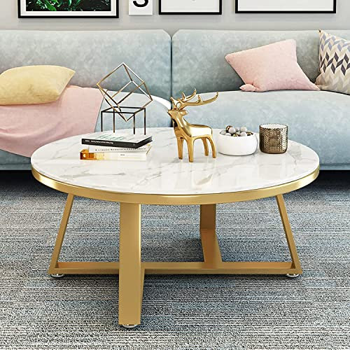 Moderner Wohnzimmer-Couchtisch, Marmor-Couchtisch, rund, moderner Wohnzimmer-Sofatisch, Marmorstruktur, Tischplatte, runder Mitteltisch mit Metallgrundrahmen und verstellbaren Fußpolstern, B