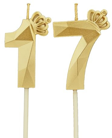DTXLX Velas 3D cumpleaños Dorado números 17 con corona, para tartas, decoración cumpleaños, velas cumpleaños niños, fiestas, bodas, fiestas empresa, aniversarios (Dorado #17)
